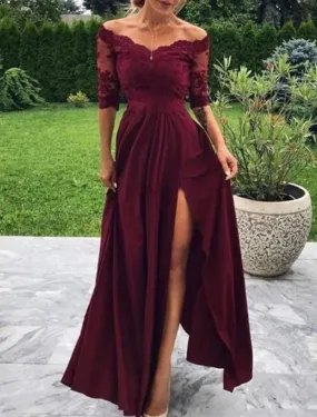 A-Line Evening Gown Minimalist Dress Wedding Guest Formal Evening Floor Length Half Sleeve Off Shoulder Satin with Pleats Slit Appliques