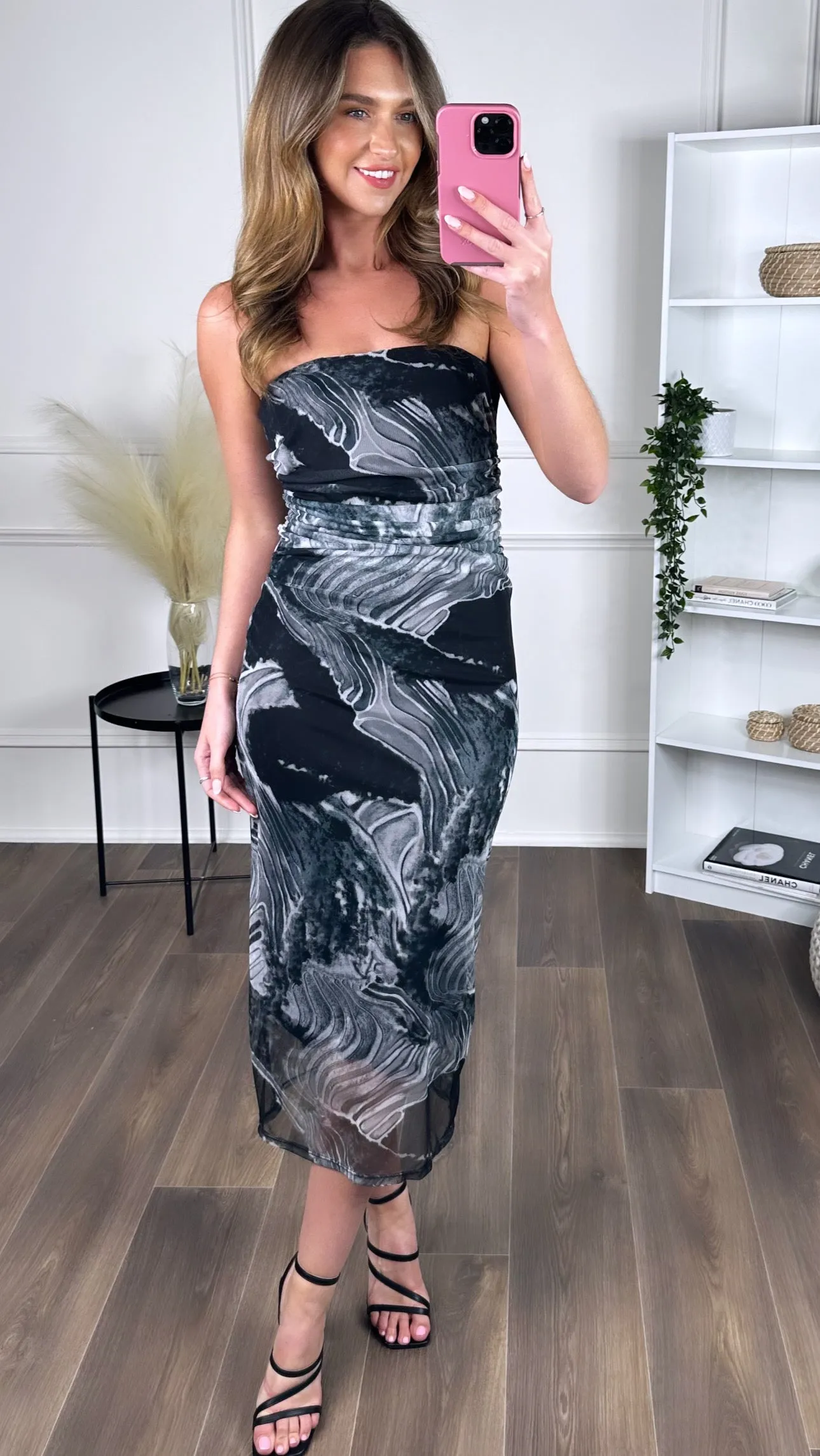 Aine Black Printed Strapless Midi Dress