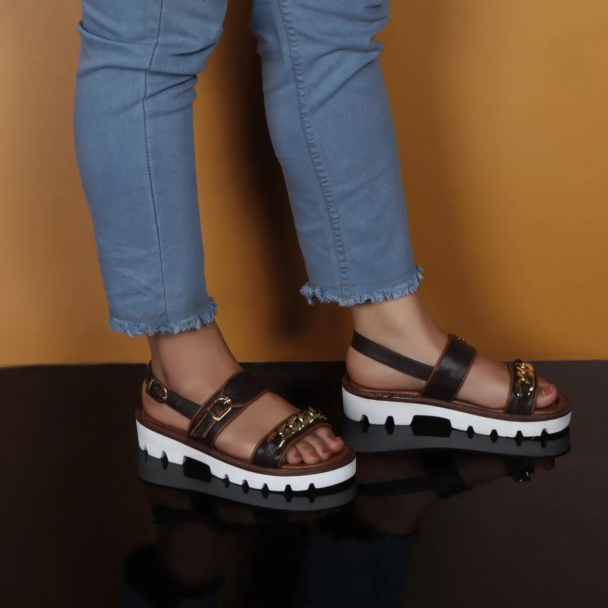 Chain Embellished Brown Sandal with White Chunky Sole