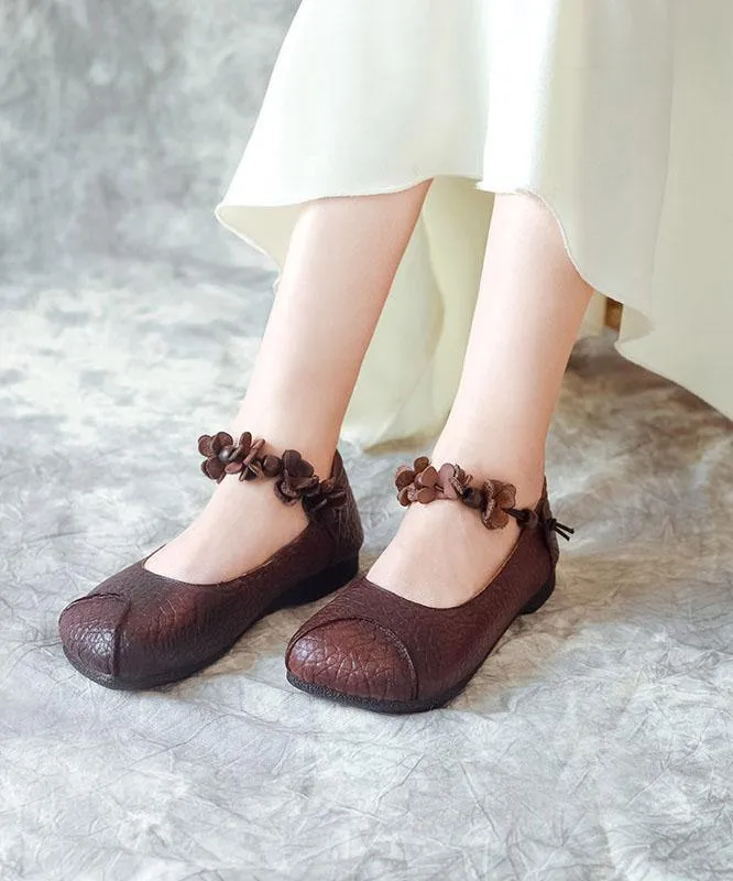 Chocolate Cowhide Leather Buckle Strap Loafers For Women