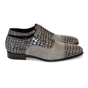 Corrente Grey Crocodile Print Calfskin & Suede Leather Fake Laces Mens Slip On