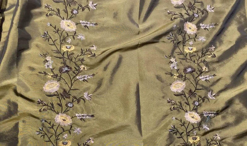 DEAL! Duchess Aurora Olive Green Iridescence Faux Silk Embroidered Fabric