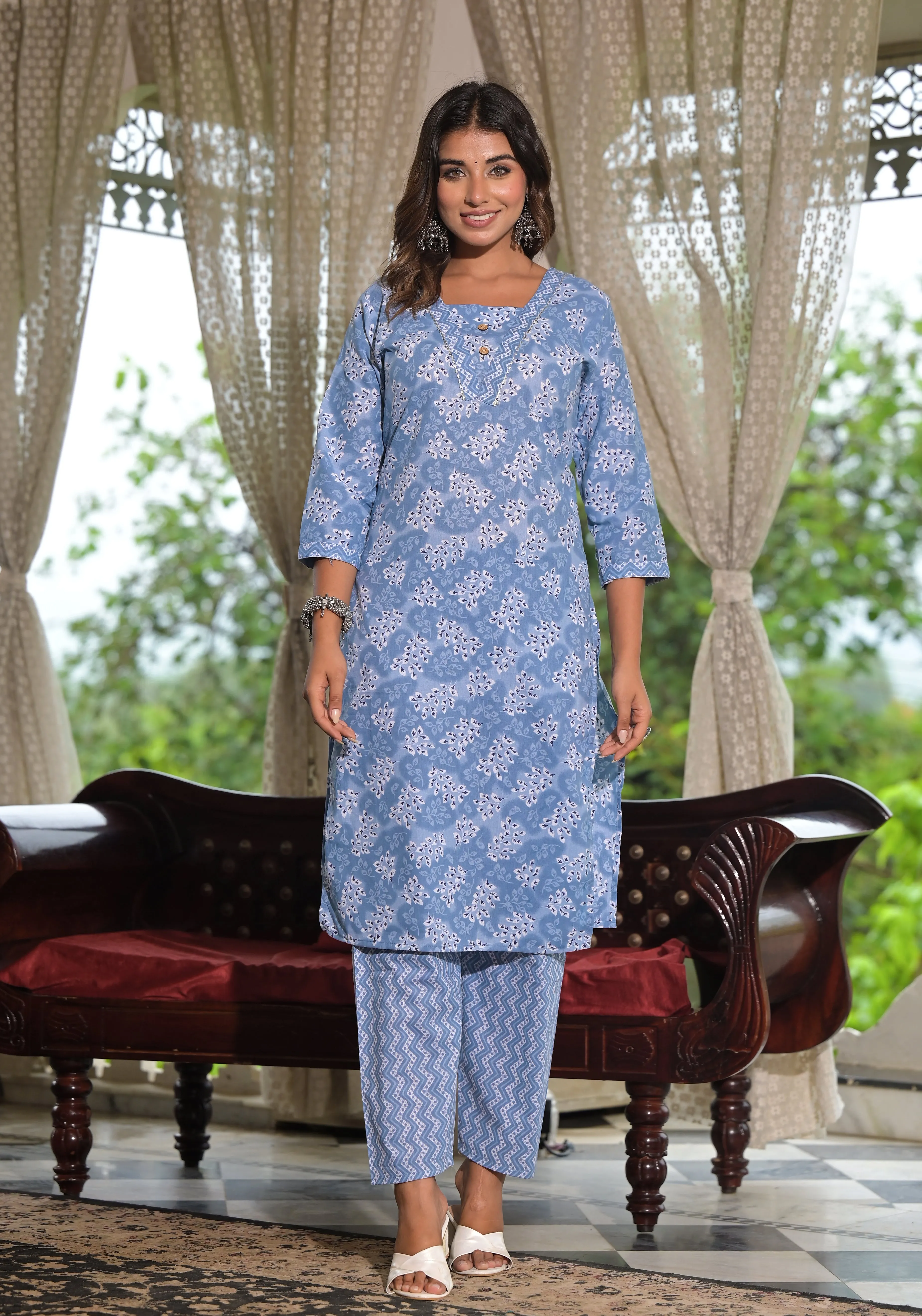 Juniper Sky Blue Ethnic Motif Printed Cotton Kurta, Pant And Dupatta Set With Buttons & Lace