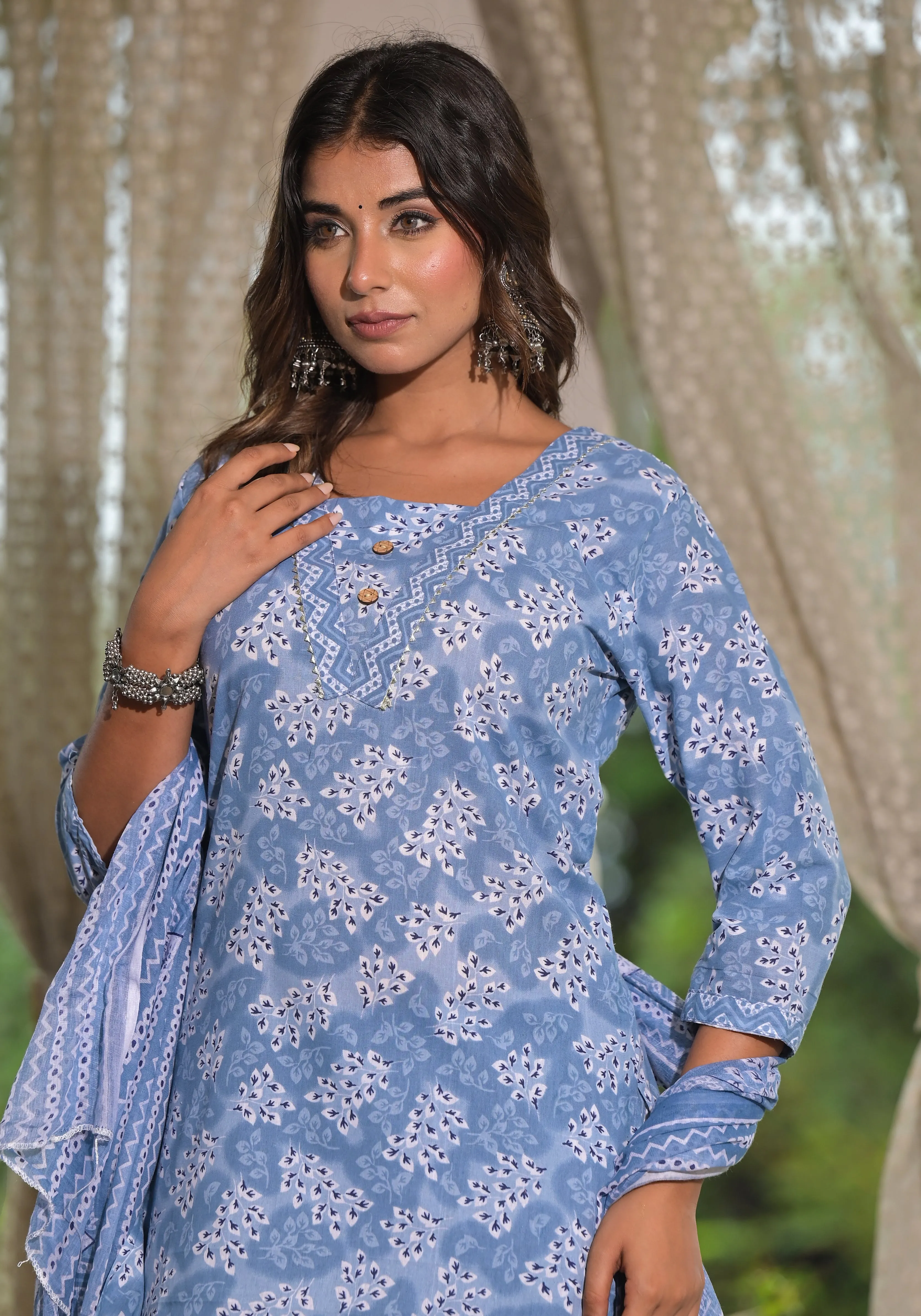 Juniper Sky Blue Ethnic Motif Printed Cotton Kurta, Pant And Dupatta Set With Buttons & Lace