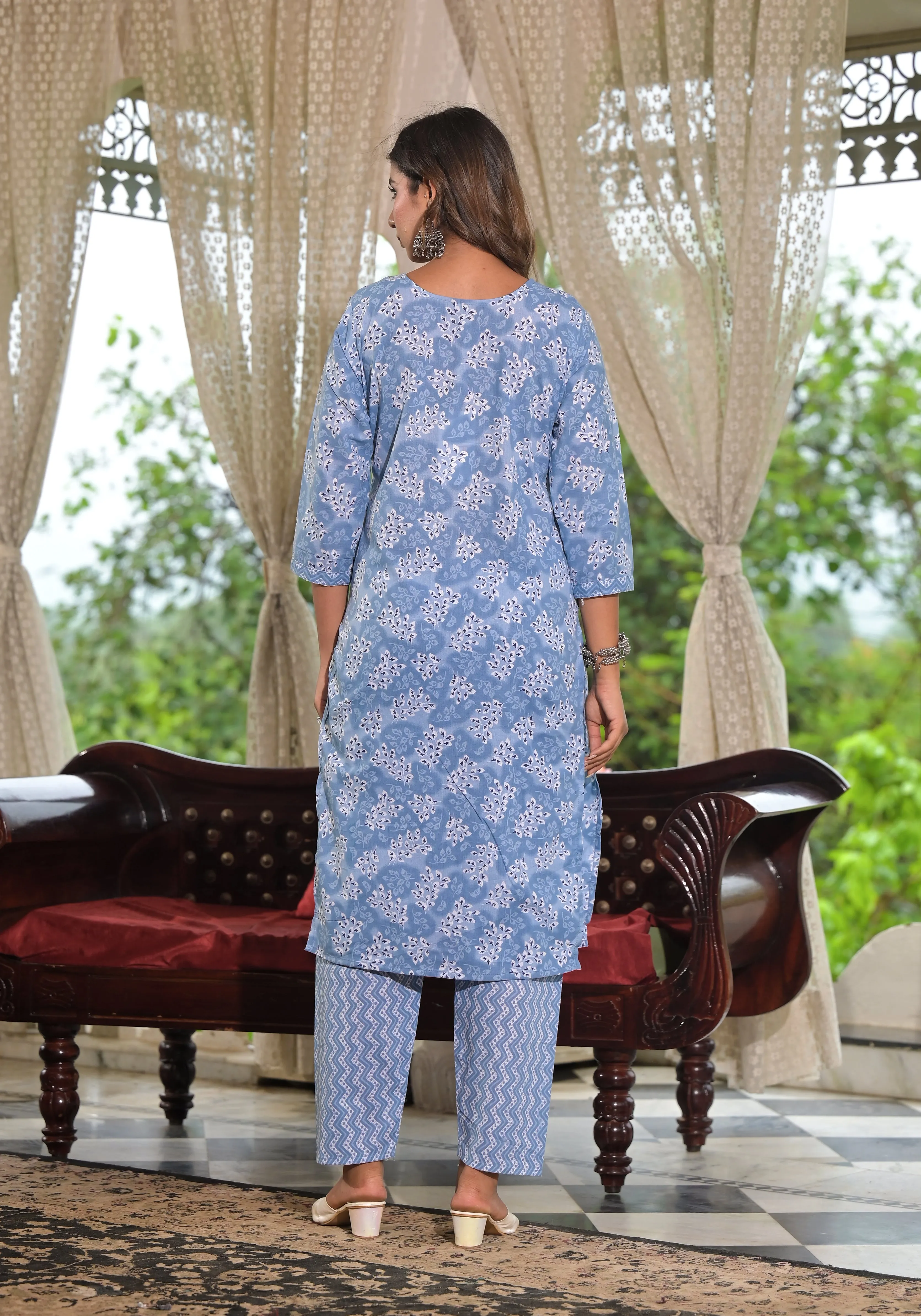 Juniper Sky Blue Ethnic Motif Printed Cotton Kurta, Pant And Dupatta Set With Buttons & Lace