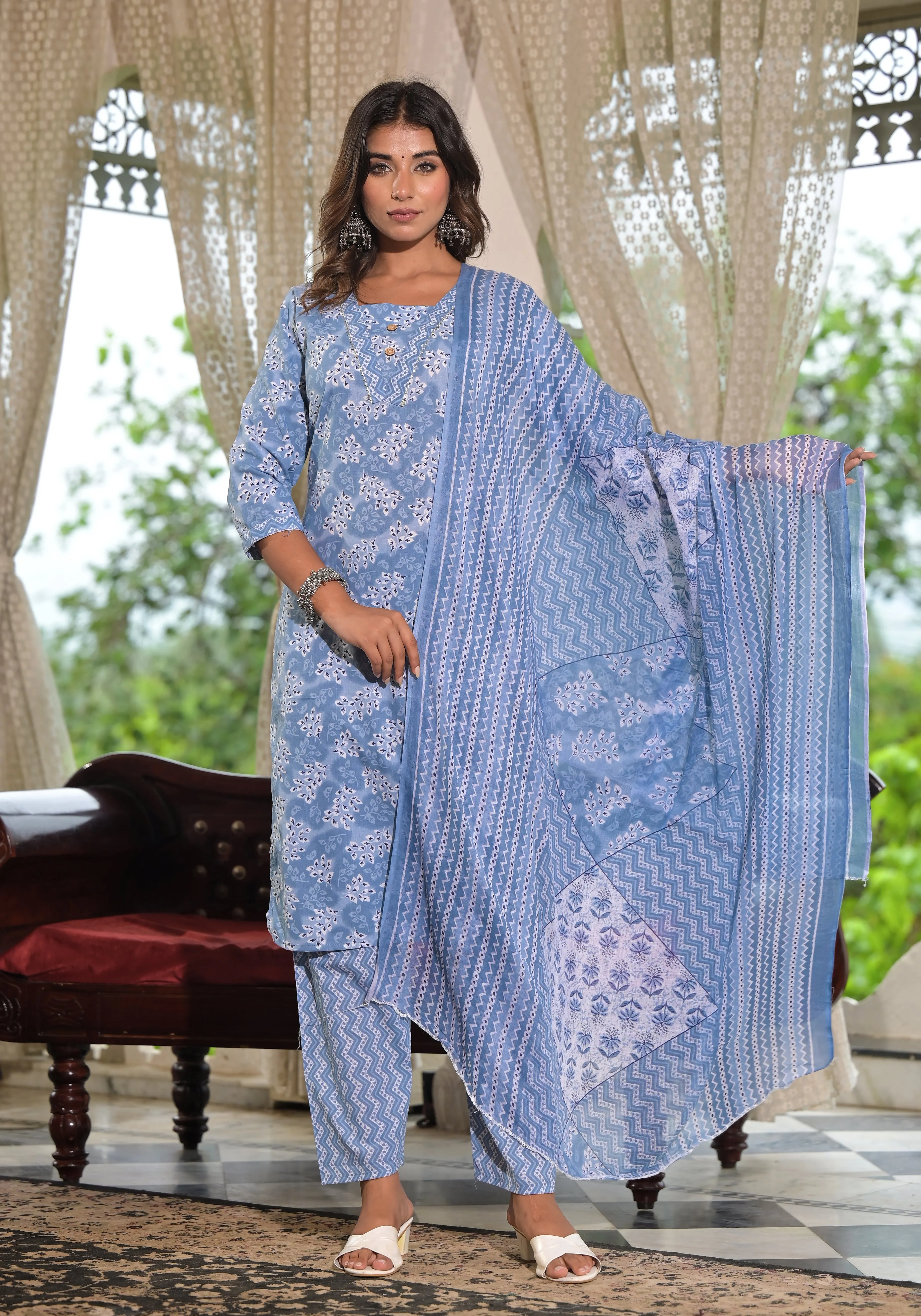 Juniper Sky Blue Ethnic Motif Printed Cotton Kurta, Pant And Dupatta Set With Buttons & Lace